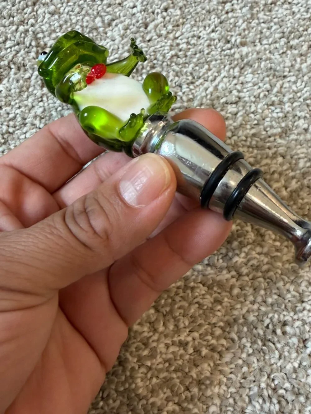 Hand Blown Art Glass Frog Wine Bottle Stopper Green Glass Frog Chrome Barware